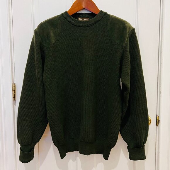 Barbour 100% Wool Suede leather Shoulder & Elbow Patch Gun Sweater Size Medium - Picture 2 of 16